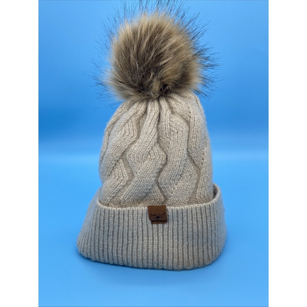 Britt's Knits Beige knit winter hat with faux‎ fur pom pom